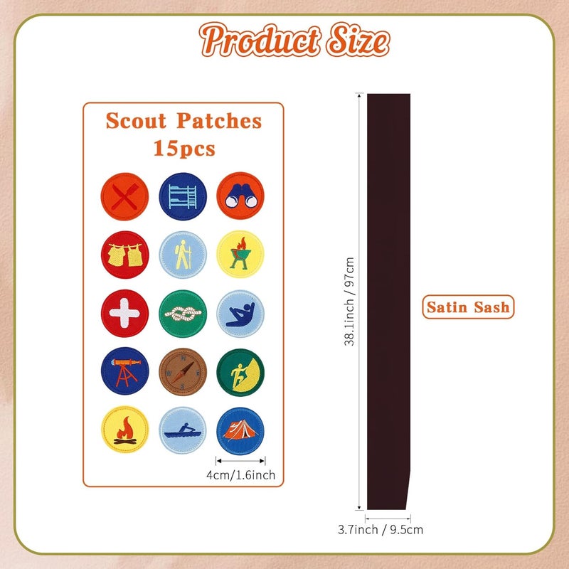 Hisxierng 18PCS Halloween Girl Scout Costume Set with Brown Satin Sash Beret Hats for Women Browm Neck Scarf for Women Embroidered Scout Patch Badge for DIY Costume Party Dress Up Wildness Outdoor Exploring - Image 2